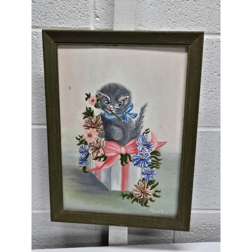 Acrylic painted Kitten Picture with Flowers Vintage 1968